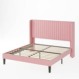Allewie Queen Size Velvet Bed Frame/Vertical Channel Tufted Wingback Headboard/Upholstered Platform Bed/Strong Wooden Slats/No Box Spring Needed/Easy Assembly/Black