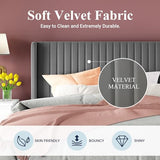 Allewie Queen Size Velvet Bed Frame/Vertical Channel Tufted Wingback Headboard/Upholstered Platform Bed/Strong Wooden Slats/No Box Spring Needed/Easy Assembly/Black