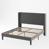 Allewie Queen Size Velvet Bed Frame/Vertical Channel Tufted Wingback Headboard/Upholstered Platform Bed/Strong Wooden Slats/No Box Spring Needed/Easy Assembly/Black