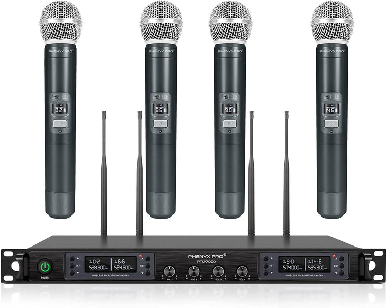 Wireless Microphone System, Phenyx Pro Quad Channel Cordless Mic Set with Metal Handheld Mics, 4×40 Channels, Auto Scan, Long Distance 328ft, Ideal for DJ, Church, Outdoor Events (PTU-7000A)