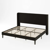 Allewie Queen Size Velvet Bed Frame/Vertical Channel Tufted Wingback Headboard/Upholstered Platform Bed/Strong Wooden Slats/No Box Spring Needed/Easy Assembly/Black